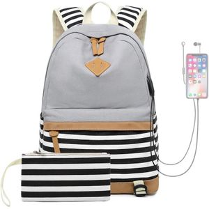 2 PCS/Set Printed Canvas Backpack Student School Bag Striped Large Capacity Backpack(Grey)