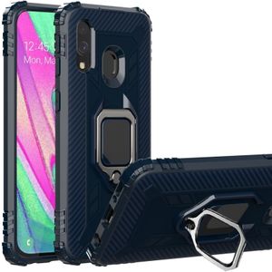 For Galaxy A40 Carbon Fiber Protective Case with 360 Degree Rotating Ring Holder(Blue)
