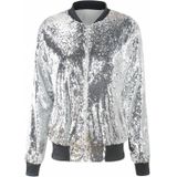 Ladies Loose Sequin Baseball Jacket (Color:Silver Size:XXL)