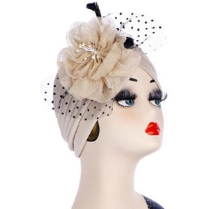 Spring and Autumn Flowers Dots Mesh Turban Hat Wrap Hat(Beige)