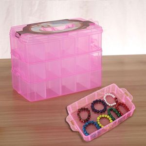 Large Storage Box Three Layer Large 36 Slots Plastic Craft Accessories Beards Jewelry Storage Box Container Home Organizer(Pink)