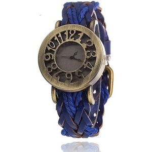 Retro Hollow Head Cowhide Woven Bracelet Watch for Women(Blue)