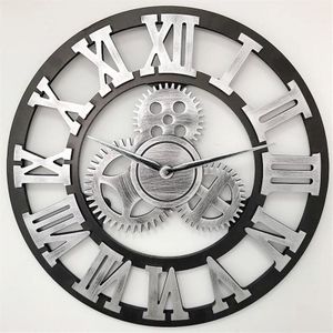 Retro Wooden Round Single-sided Gear Clock Rome Number Wall Clock  Diameter: 35cm(Silver)
