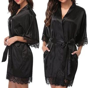 Half Sleeve Robe Vrouwen Faux Silk Pyjama Sexy Night Dress  Size:L (Zwart)