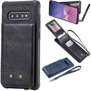 For Galaxy S10+ Vertical Flip Shockproof Leather Protective Case with Short Rope  Support Card Slots & Bracket & Photo Holder & Wallet Function(Black)