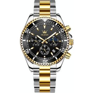 OLEVS 2870 heren multifunctionele chronograaf drie ogen waterdicht quartz horloge (zwart + goud)