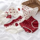 6 PCS Cotton Mid-waist Love Strawberry Ladies Briefs (Color:Red Full Size:printed Love Heart_M)