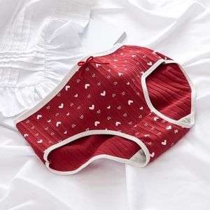 6 PCS Cotton Mid-waist Love Strawberry Ladies Briefs (Color:Red Full Size:printed Love Heart_M)