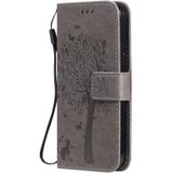 Tree & Cat Pattern Pressed Printing Horizontal Flip PU Leather Case with Holder & Card Slots & Wallet & Lanyard For iPhone 13 Pro(Grey)