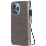 Tree & Cat Pattern Pressed Printing Horizontal Flip PU Leather Case with Holder & Card Slots & Wallet & Lanyard For iPhone 13 Pro(Grey)