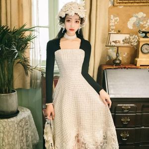 Woollen Fabric Splicing Embroidery Vintage Dress (Color:As Show Size:M)