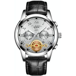 FNGEEN 4001 Men Non-Mechanical Watch Multi-Function Quartz Watch  Colour: Black Leather White Steel White Surface