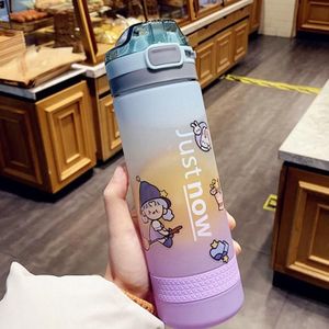 Cartoon Girl Straw Cup Fresh Frosted Gradient Scale Plastic Cup Portable Cup  Capacity: 600ml(Lake Blue)