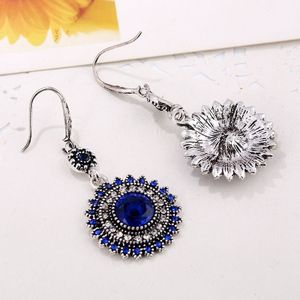2 Pairs Ethnic Sun Flower Style Rhinestone Earrings Long Earbobs(Silver+Dark Blue)