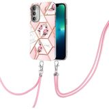 For Motorola Moto G51 5G Splicing Marble Flower Pattern TPU Phone Case with Lanyard(Pink Flower)