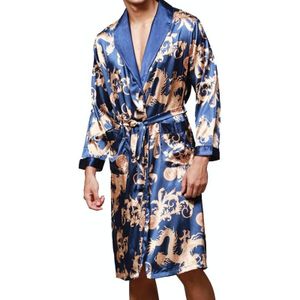 Men's Long Paragraph Silk Pajamas (Color:Sapphire Size:XXL)