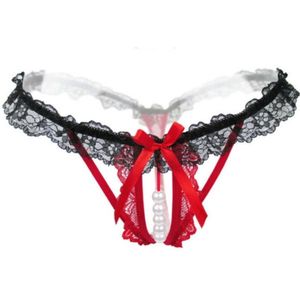 3 PCS Lady Pierced Sexy Panties Temptation Lace Translucent T Underwear(Red)