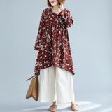 Retro Print Plus Size Cotton And Linen Dress Loose V-neck Skirt (Color:Wine Red Size:M)