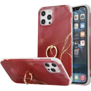 Four Corners Shocproof Flow Gold Marble IMD Back Cover Case with Metal Rhinestone Ring For iPhone 13 mini(Red)