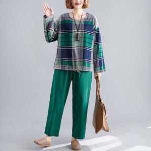 Large Size Womens Two-piece Loose And Thin Radish Pants Western Style Suit (Color:Green Size:L)