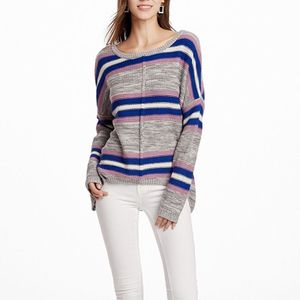Women Knitwear Turtleneck Sweater  Size: XL(Grey Blue Stripes)