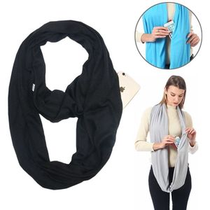 Women Solid Winter Infinity Scarf Pocket Loop Zipper Pocket Scarves (Black)