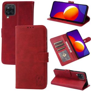 For Samsung Galaxy A22 4G Embossed Happy Cat Pattern Horizontal Flip Leather Case with Holder & Card Slots & Wallet(Red)