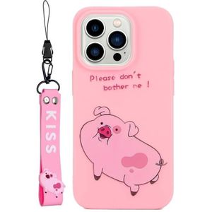 Voor iPhone 14 Pro Silicone Painted Phone Case met Lanyard (Little Pink Pig)