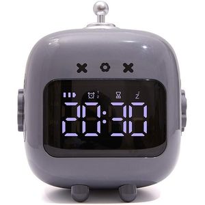 Cartoon Robot Cat Rechargeable Alarm Clock Snooze Silent Backlit Electronic Clock(Grey)
