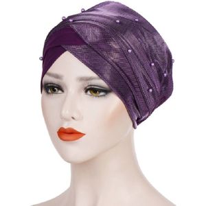 2 PCS Women Beaded Two-color Turban Hat Bright Silk Cloth Hooded Cap(Purple)