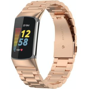 Voor Fitbit Charge 6 drie kralen roestvrijstalen metalen horlogeband (rosé goud)