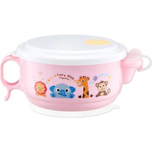 450ml Stainless Steel Interior And Plastic Exterior Double Layer Cartoon Style Bowl With Cover And Handles For Child At Age 2 To 9(Pink)