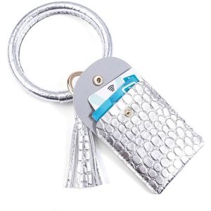 Coin Purse Bracelet Keychain PU Tassel Leather Crocodile Pattern Card Bag(Silver)