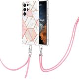 Voor Samsung Galaxy S23 Ultra 5G Electroplating IMD Splicing Dual-side Marble TPU Phone Case met Lanyard (roze wit)