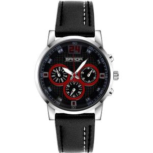 SANDA 5009 Business Fashion Three Eye Six Needle Casual Leather Waterproof Men Quartz Watch(Black Silver)