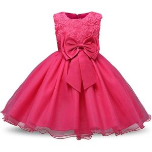 Rose Red Girls Sleeveless Rose Flower Pattern Bow-knot Lace Dress Show Dress  Kid Size: 90cm