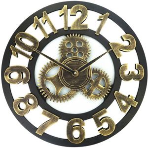 Retro Wooden Round Single-sided Gear Clock Number Wall Clock  Diameter: 58cm (Gold)