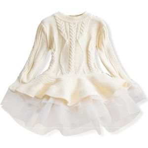 Winter Girls Knit Long Sleeve Sweater Organza Dress Evening Dress  Size:120cm(White  )