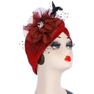 Spring and Autumn Flowers Dots Mesh Turban Hat Wrap Hat(Wine Red)