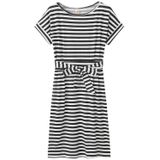 Slim-fit Waist Slimming Round Neck Striped Belt Dress (Color:Pinstripe Black Size:L)