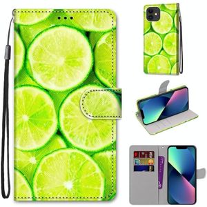 Gekleurde tekening kruis textuur horizontale flip pu lederen tas met houder & kaart slots & portemonnee & lanyard voor iphone 13 mini (groene citroen)