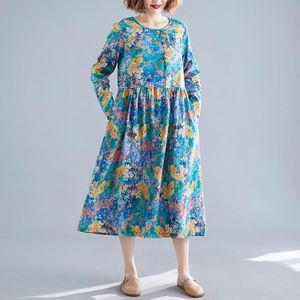 Loose Mid-length Ethnic Style Womens Long-sleeved Printed Cotton And Linen Dress (Color:Green Size:XXL)