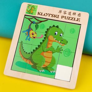 2 STUKS Cartoon Dier Dubbelzijdig Klotski Puzzel Kinderen Houten Speelgoed Vroeg Onderwijs Legpuzzel (Dinosaurus)