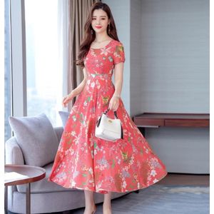 Round Neck Pleated Waist Fashionable Print Dress (Color:Red Size:XXL)