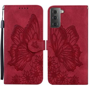 Voor Samsung Galaxy S21+ 5G Retro Skin Voel vlinders in relif horizontale flip lederen hoes met Holder & Card Slots & Wallet(Red)