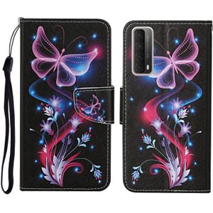For Huawei P Smart 2021 / Y7a Colored Drawing Pattern Horizontal Flip Leather Case with Holder & Card Slots & Wallet(Fluorescent Butterfly)