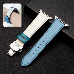 Butterfly Clasp Business Top Layer Cowhide Lederen Band Watchband voor Apple Watch Series 7 45mm / 6 & SE & 5 & 4 44mm / 3 & 2 & 1 42mm (Baby Blue)