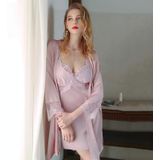 2 in 1 Spring and Summer Imitation Silk Flower Pattern Suspender Nightdress + Cardigan Nightgown Set for Ladies (Color:Lotus COLOR Size:Xl)