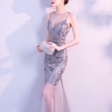 Pailletten Beading Avondjurken Mermaid Long Formal Prom Party Dress  Maat:XL (Zilver)
