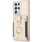 Voor Samsung Galaxy S21 Ultra 5G BF27 Metalen Ring Kaart Tas Houder Telefoon Case(Beige)